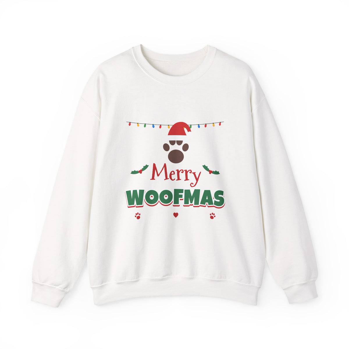 Merry Woofmas Sweatshirt — Dog Mom Christmas Paw Print Santa Hat Crewneck