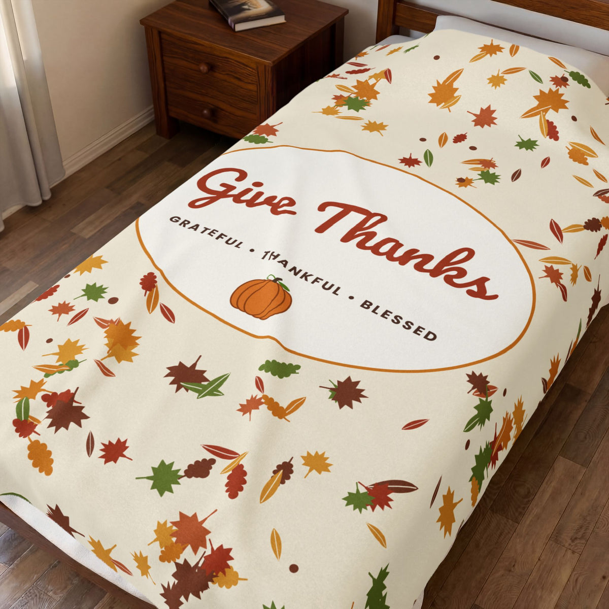 Give Thanks Velveteen Plush Blanket — Autumn Leaves Thanksgiving Throw