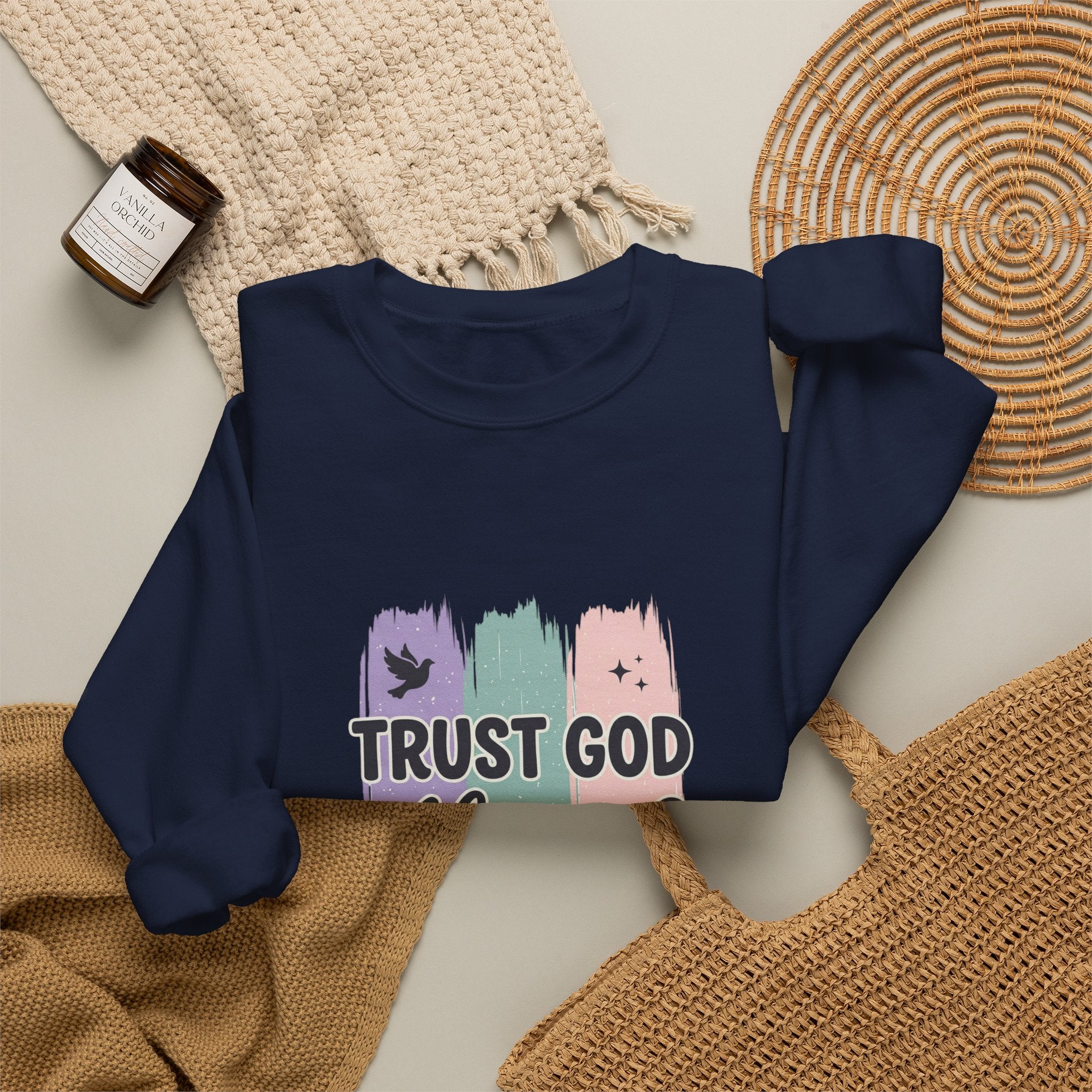 Trust God Always Crewneck Sweatshirt | Christian faith, rainbow brushstroke design