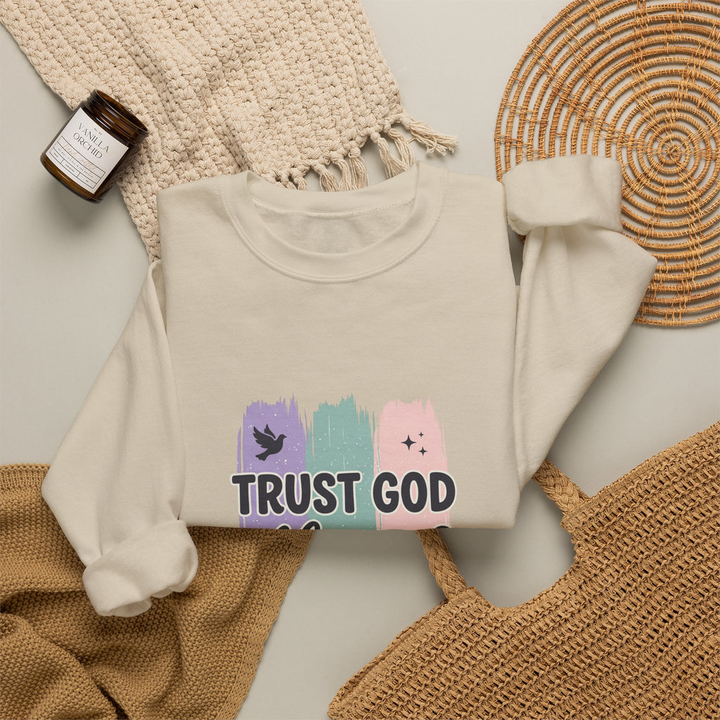 Trust God Always Crewneck Sweatshirt | Christian faith, rainbow brushstroke design