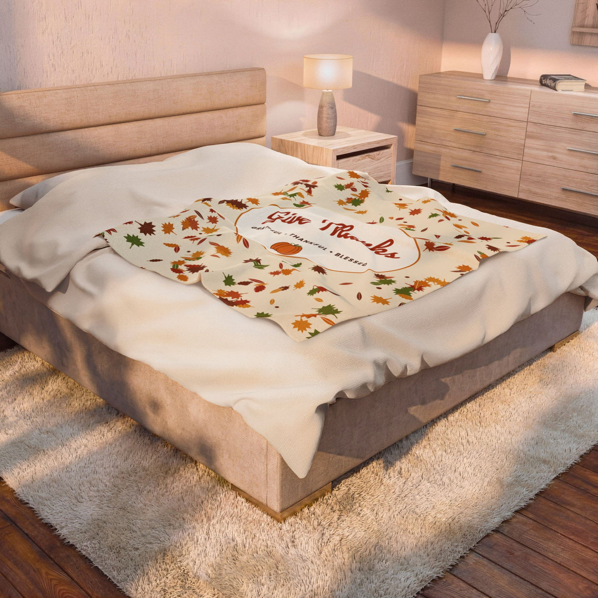 Give Thanks Velveteen Plush Blanket — Autumn Leaves Thanksgiving Throw