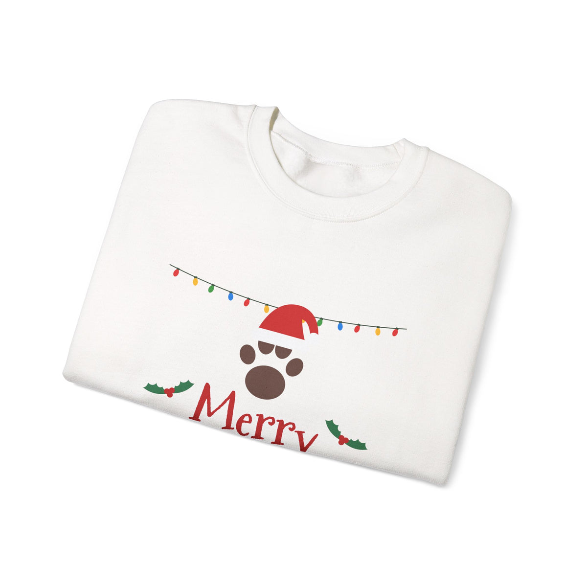 Merry Woofmas Sweatshirt — Dog Mom Christmas Paw Print Santa Hat Crewneck