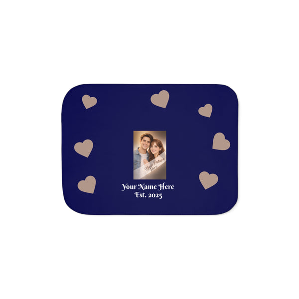 Personalized Photo Sherpa Blanket with Hearts, Your own Picture — Custom Name & Est. Date