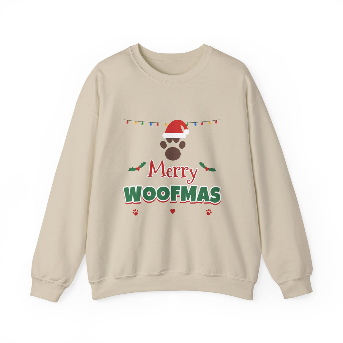 Merry Woofmas Sweatshirt — Dog Mom Christmas Paw Print Santa Hat Crewneck