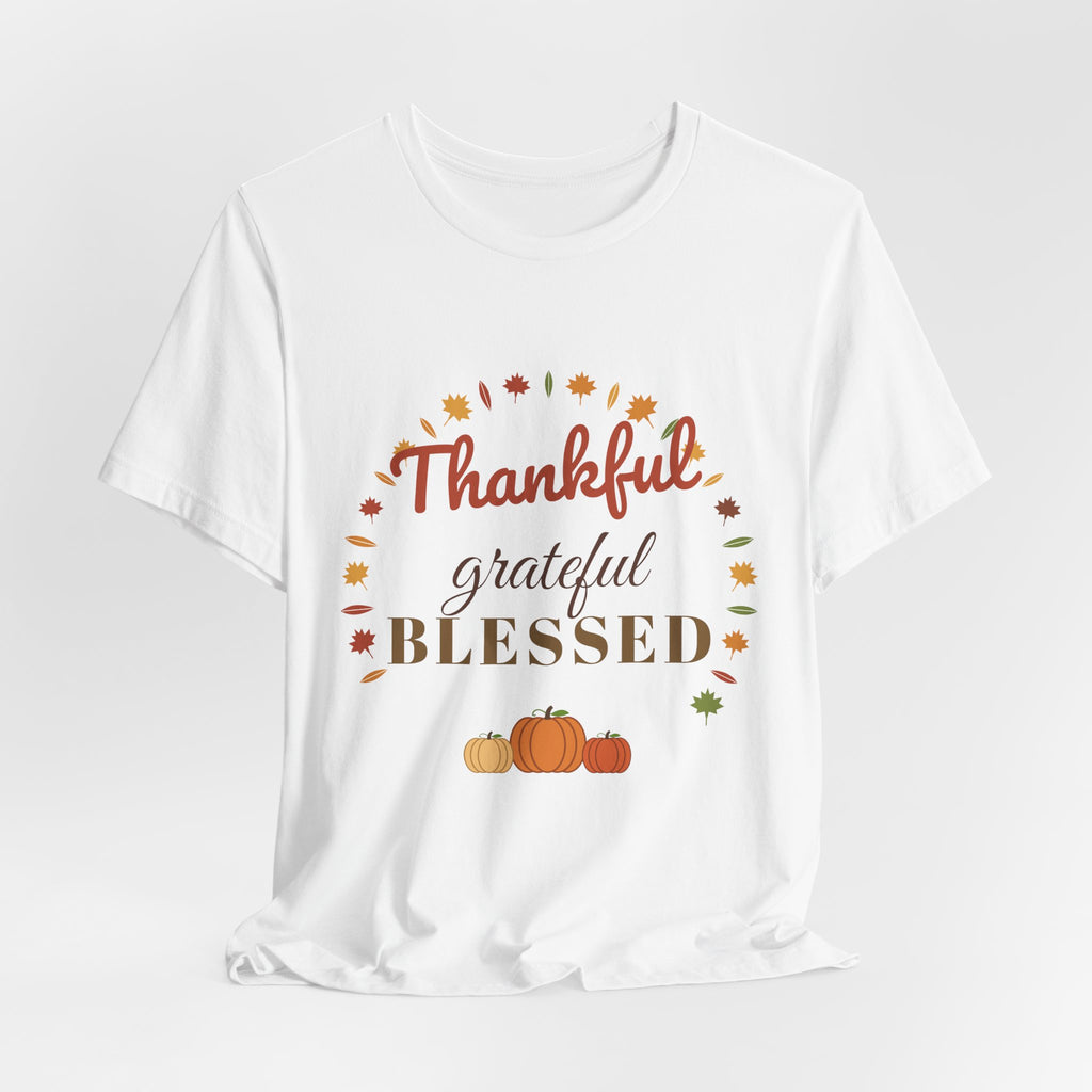 Thankful Grateful Blessed Tee — Fall Leaves & Pumpkin Thanksgiving T-Shirt
