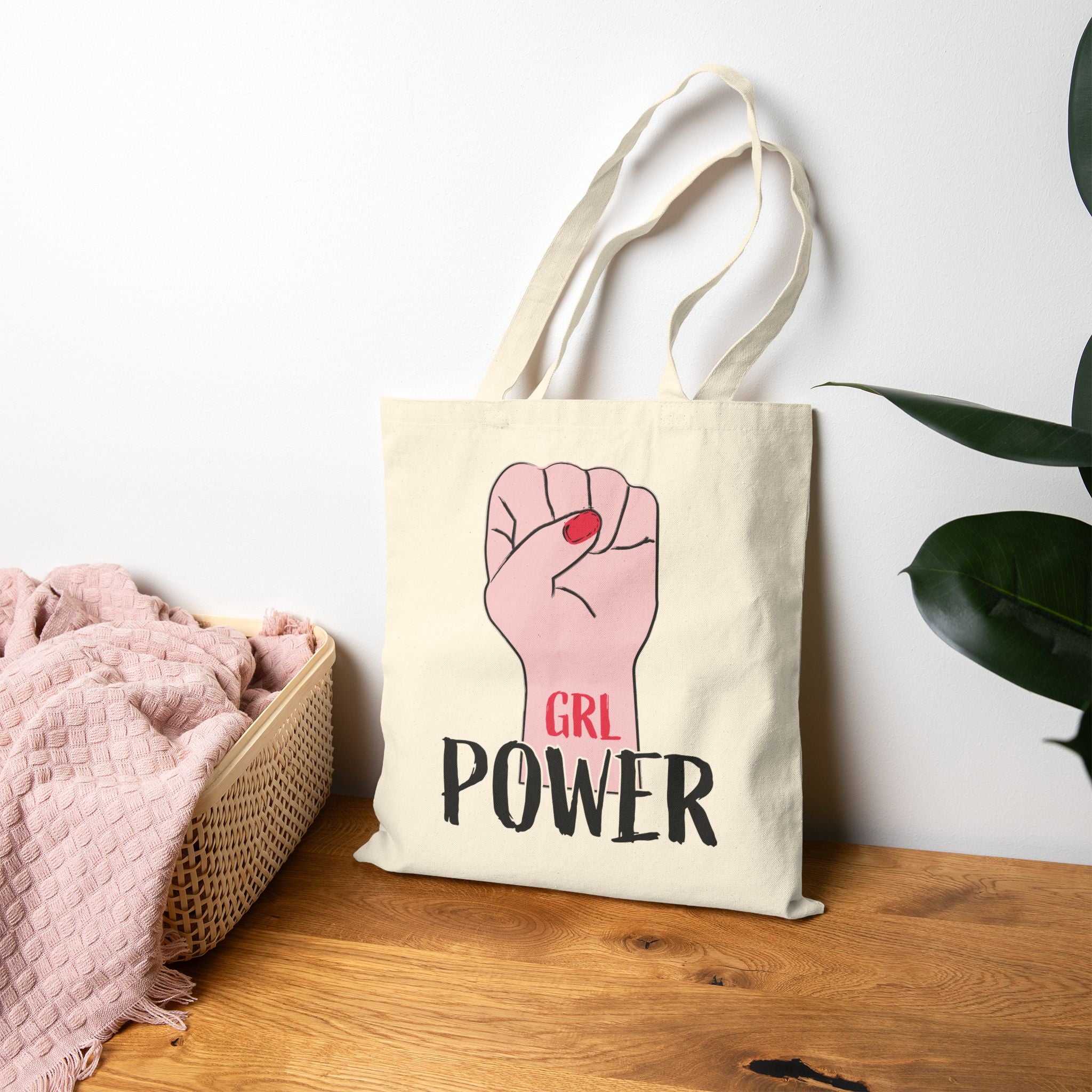 Tote Bag — "GRL POWER" Feminist Fist Canvas Tote, Empowerment Grocery & Everyday Reusable Bag