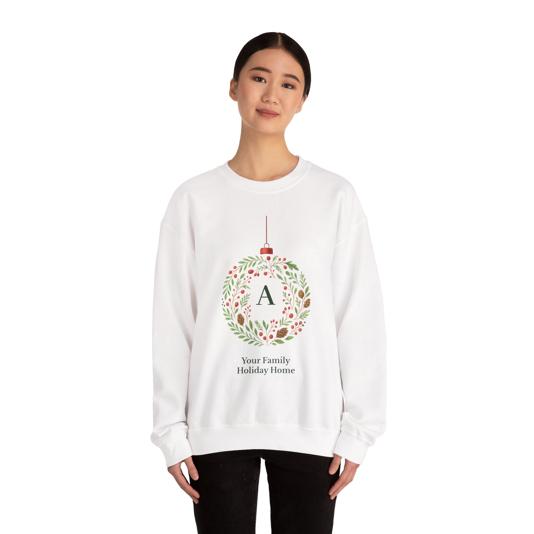 Monogram Holiday Ornament Crewneck Sweatshirt — Personalized 'Your Family Holiday Home'