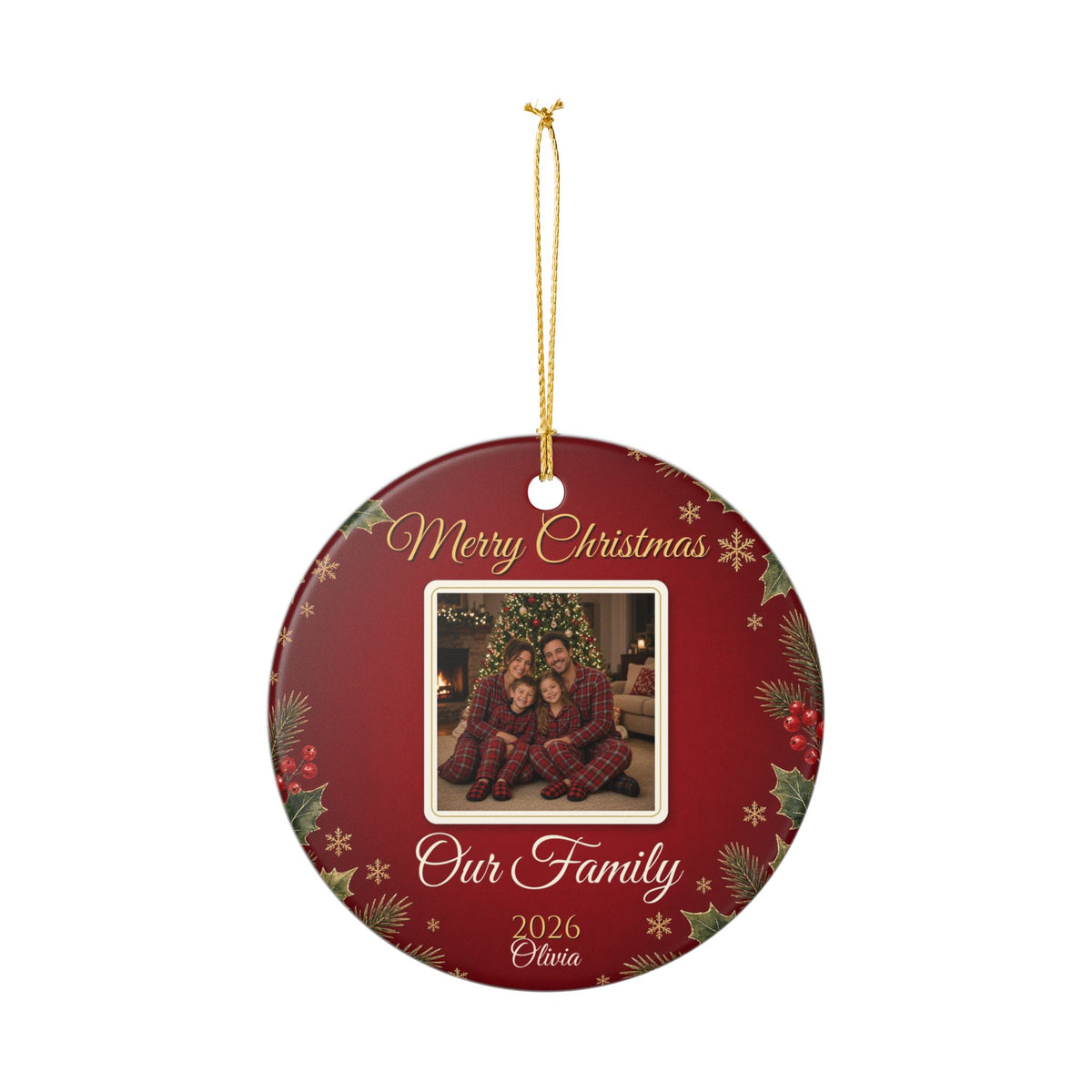 Personalized Photo Christmas Ornament 2026 – Round Ceramic Family Keepsake