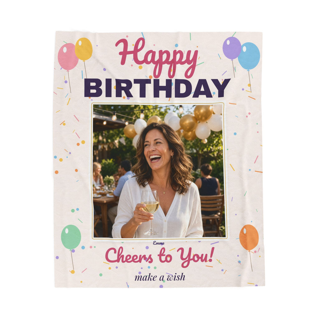 Personalized Happy Birthday Photo Blanket — Custom Picture Velveteen Plush Throw 50x60