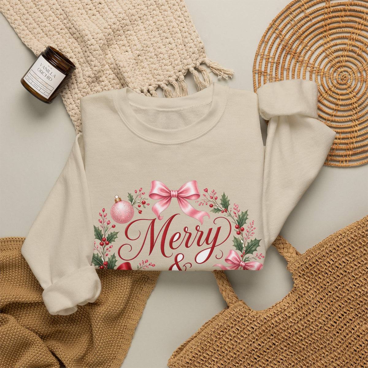 Merry and Bright Coquette Bow Sweatshirt — Pink Christmas Crewneck