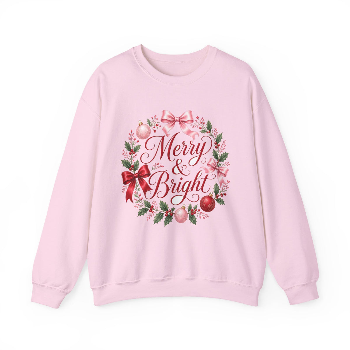 Merry and Bright Coquette Bow Sweatshirt — Pink Christmas Crewneck