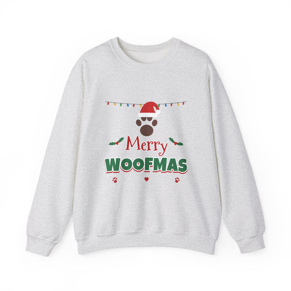 Merry Woofmas Sweatshirt — Dog Mom Christmas Paw Print Santa Hat Crewneck