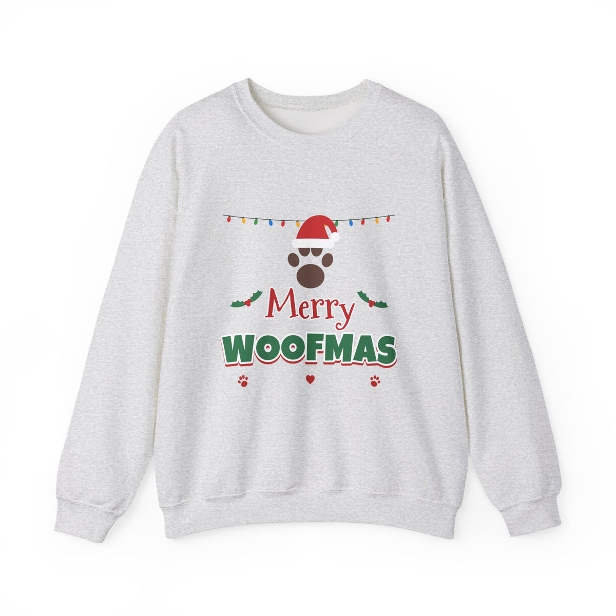 Merry Woofmas Sweatshirt — Dog Mom Christmas Paw Print Santa Hat Crewneck