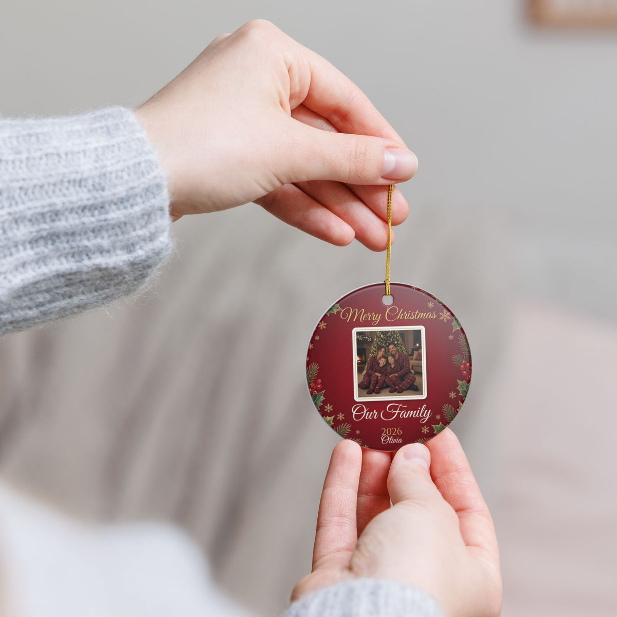 Personalized Photo Christmas Ornament 2026 – Round Ceramic Family Keepsake