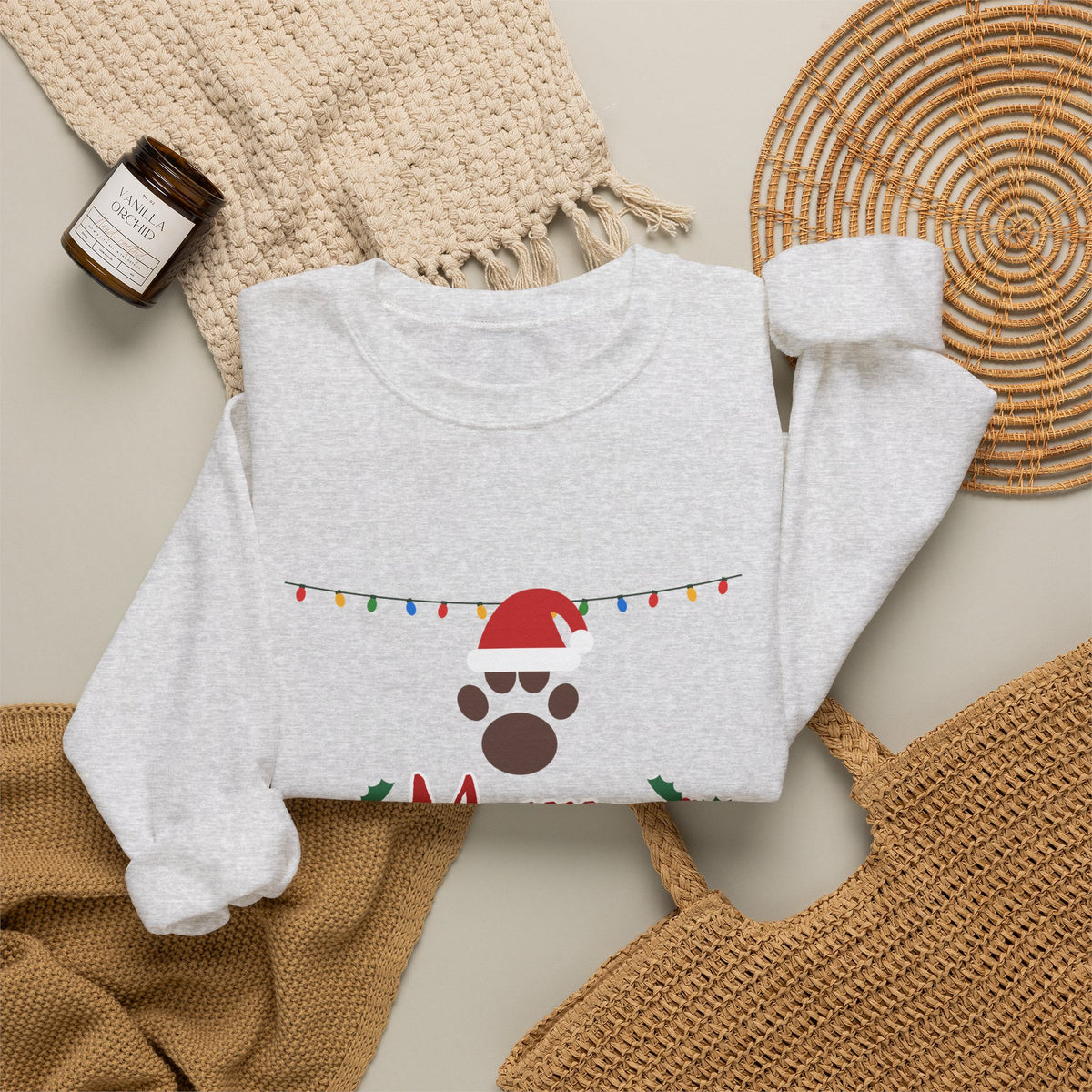Merry Woofmas Sweatshirt — Dog Mom Christmas Paw Print Santa Hat Crewneck