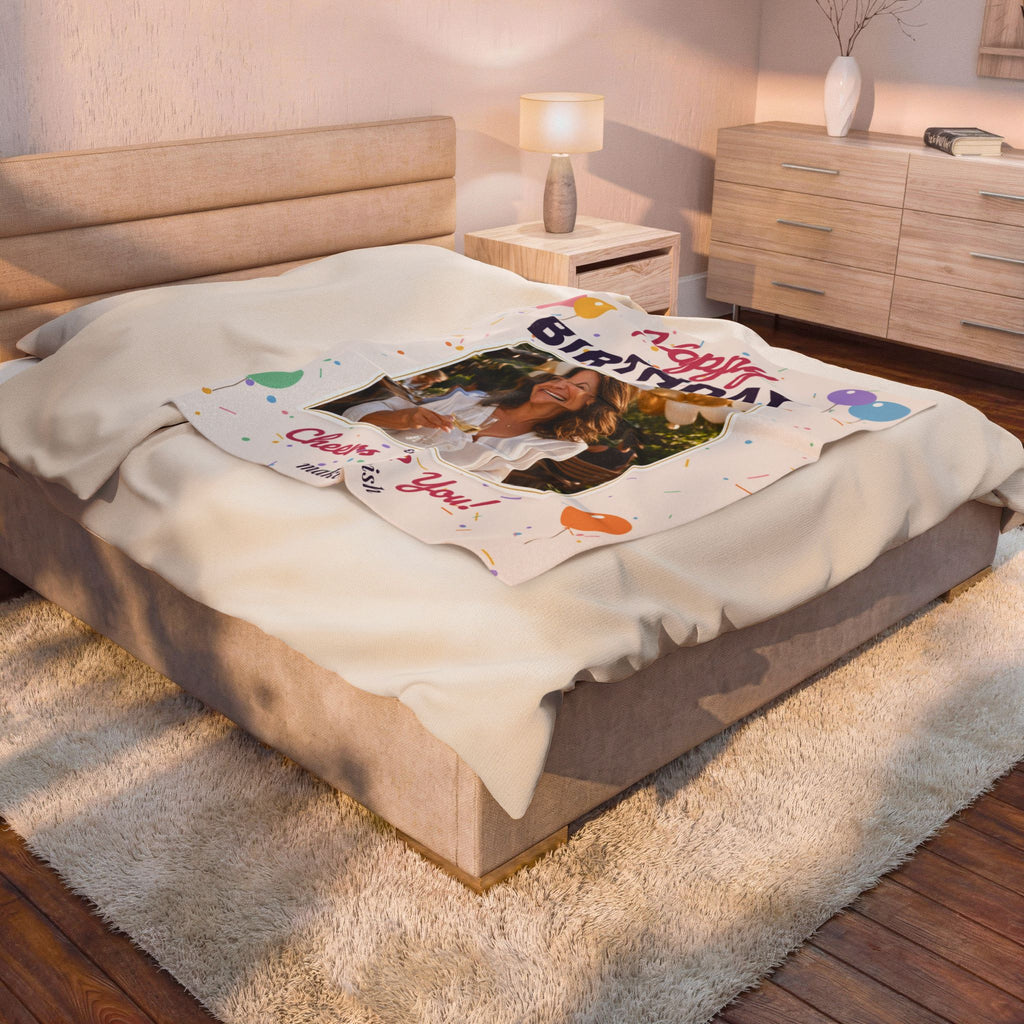 Personalized Happy Birthday Photo Blanket — Custom Picture Velveteen Plush Throw 50x60
