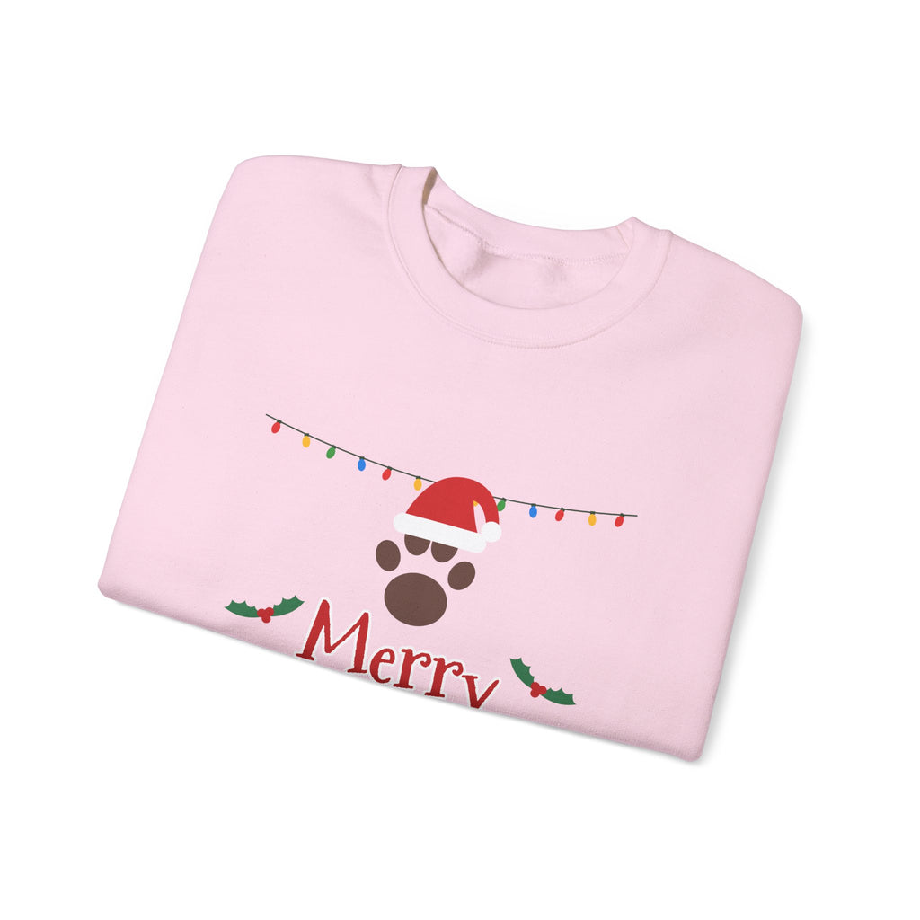 Merry Woofmas Sweatshirt — Dog Mom Christmas Paw Print Santa Hat Crewneck