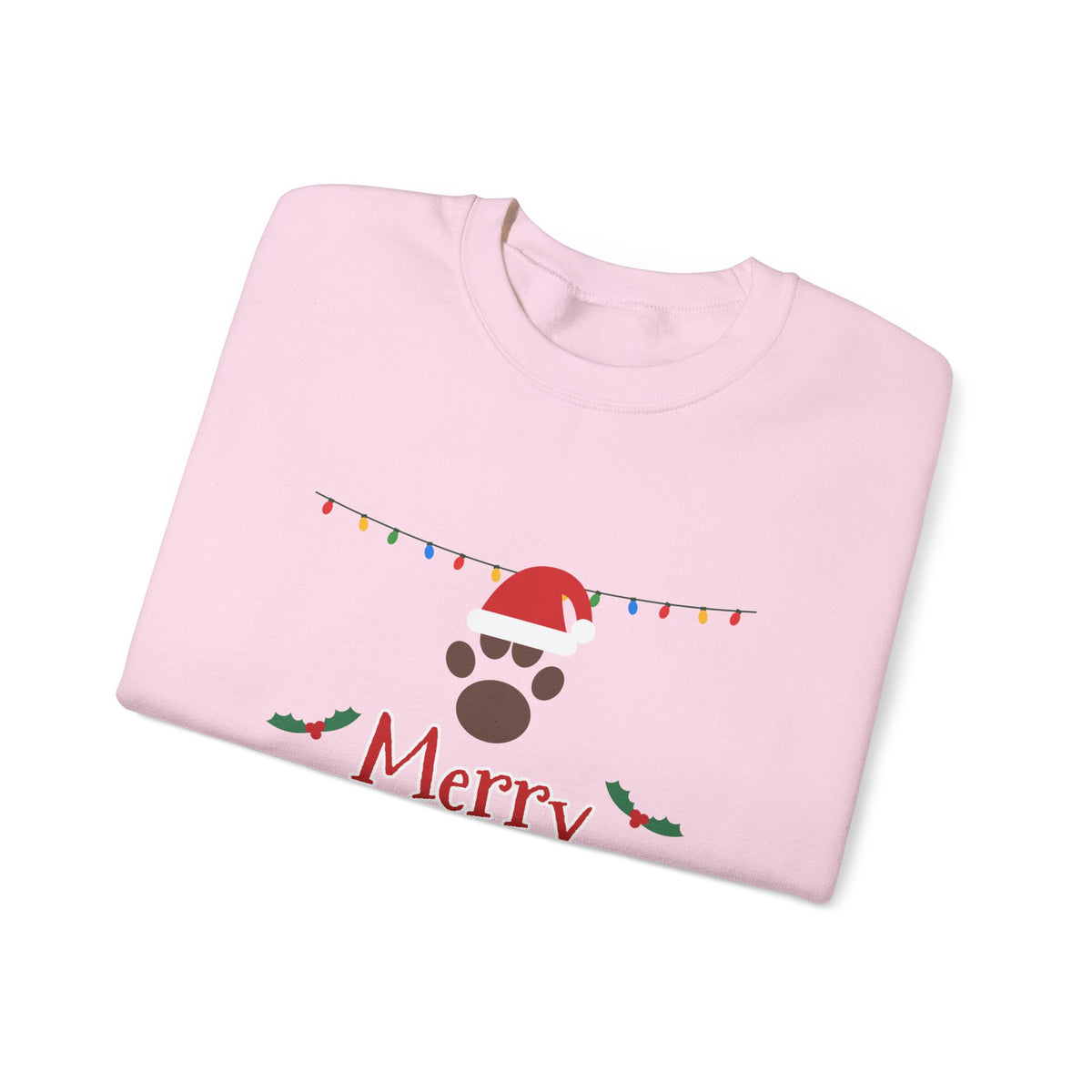 Merry Woofmas Sweatshirt — Dog Mom Christmas Paw Print Santa Hat Crewneck