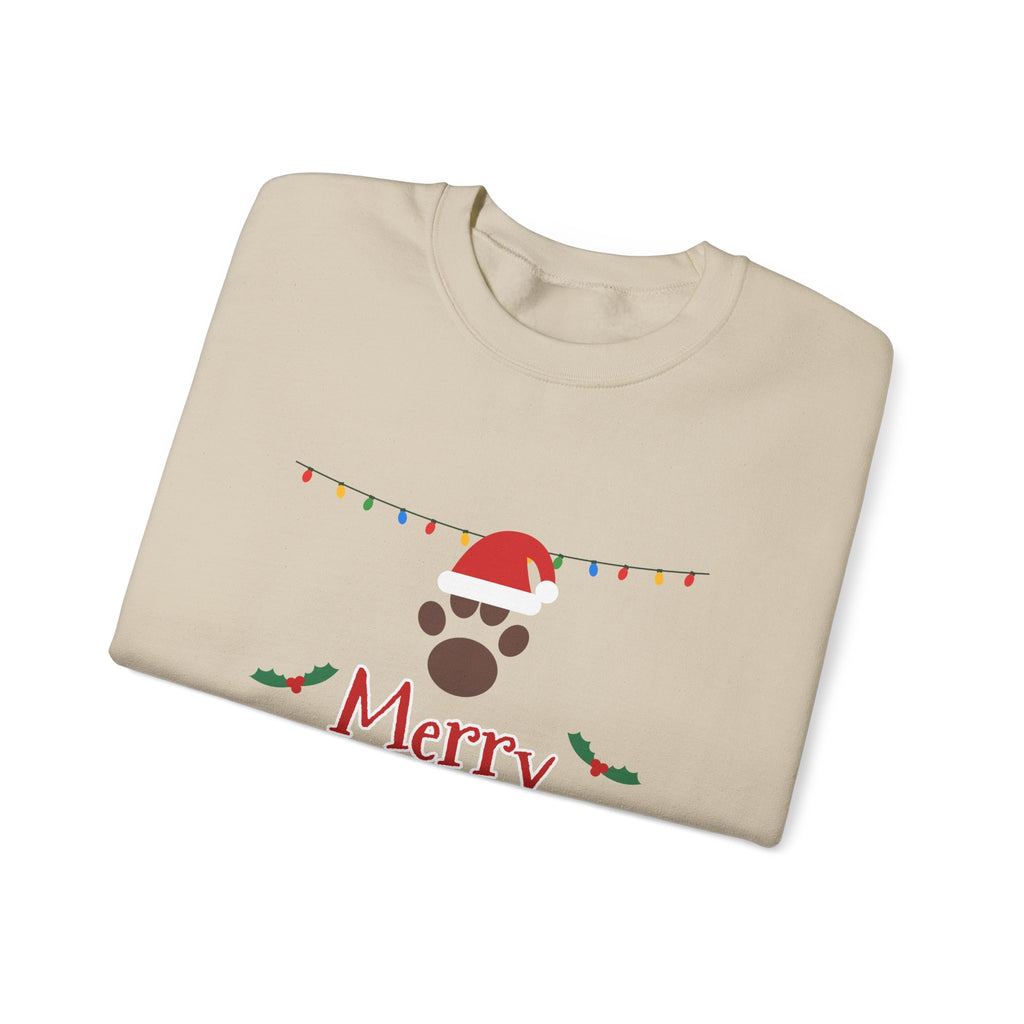 Merry Woofmas Sweatshirt — Dog Mom Christmas Paw Print Santa Hat Crewneck