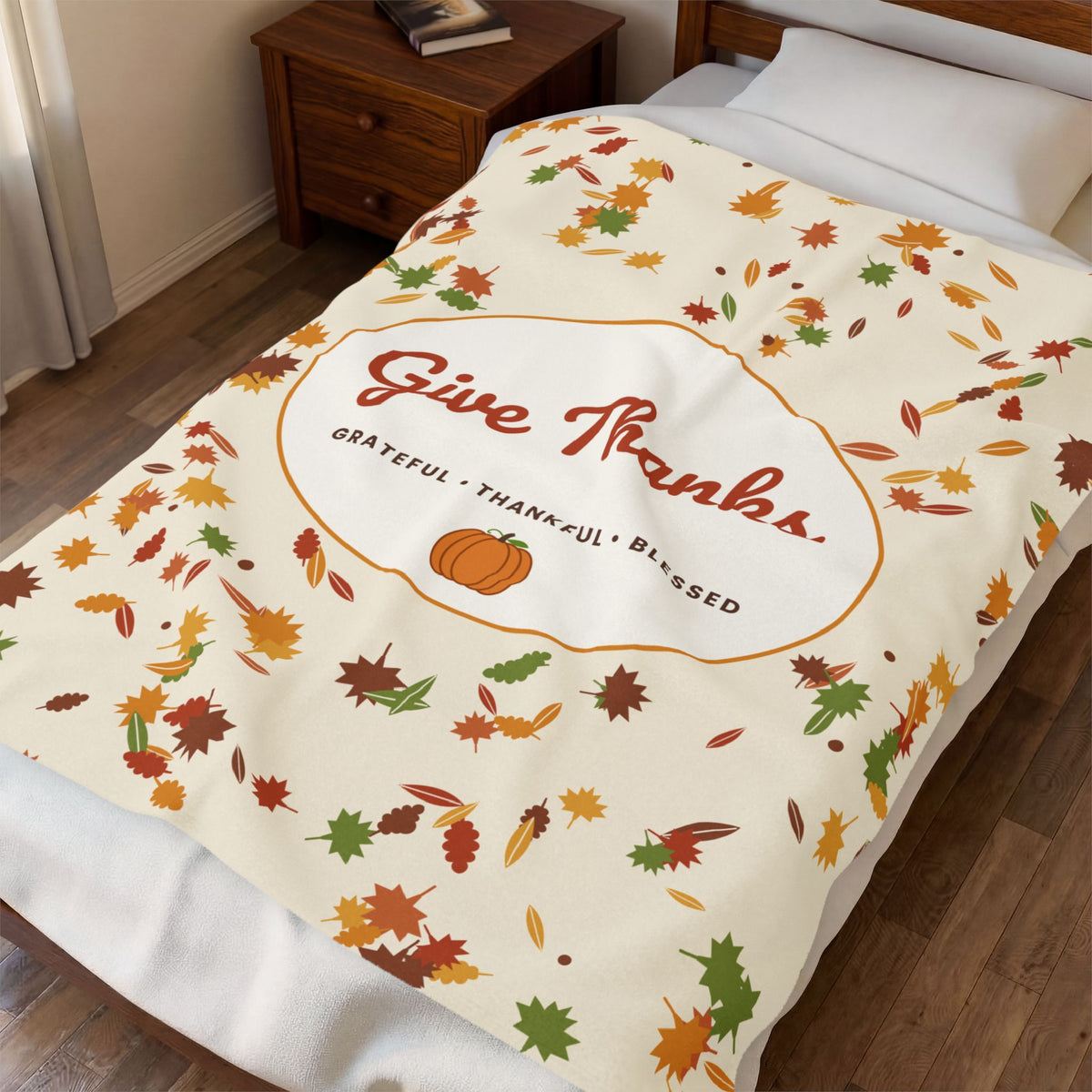 Give Thanks Velveteen Plush Blanket — Autumn Leaves Thanksgiving Throw