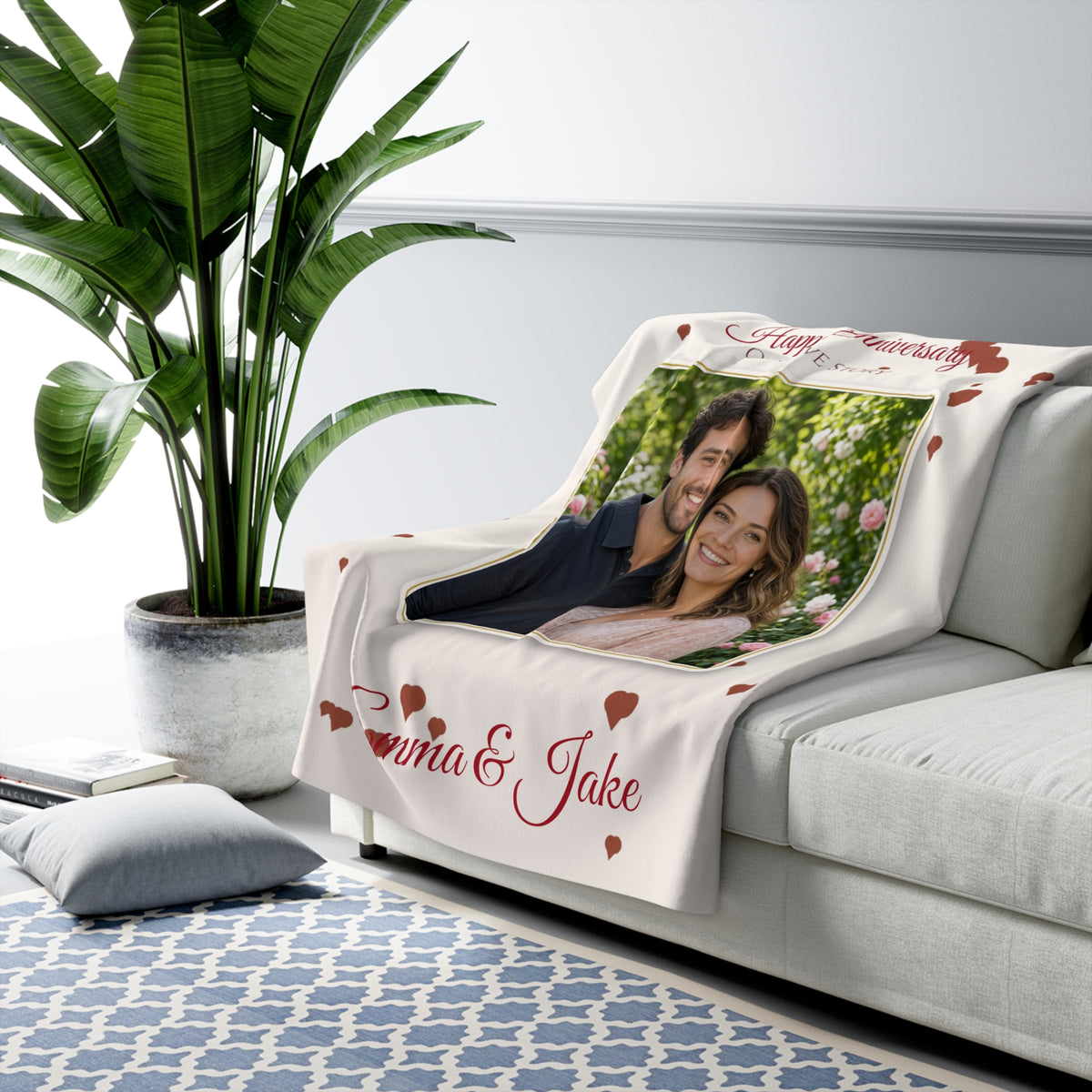 Happy Anniversary Personalized Photo Blanket – Custom Couple Sherpa Throw