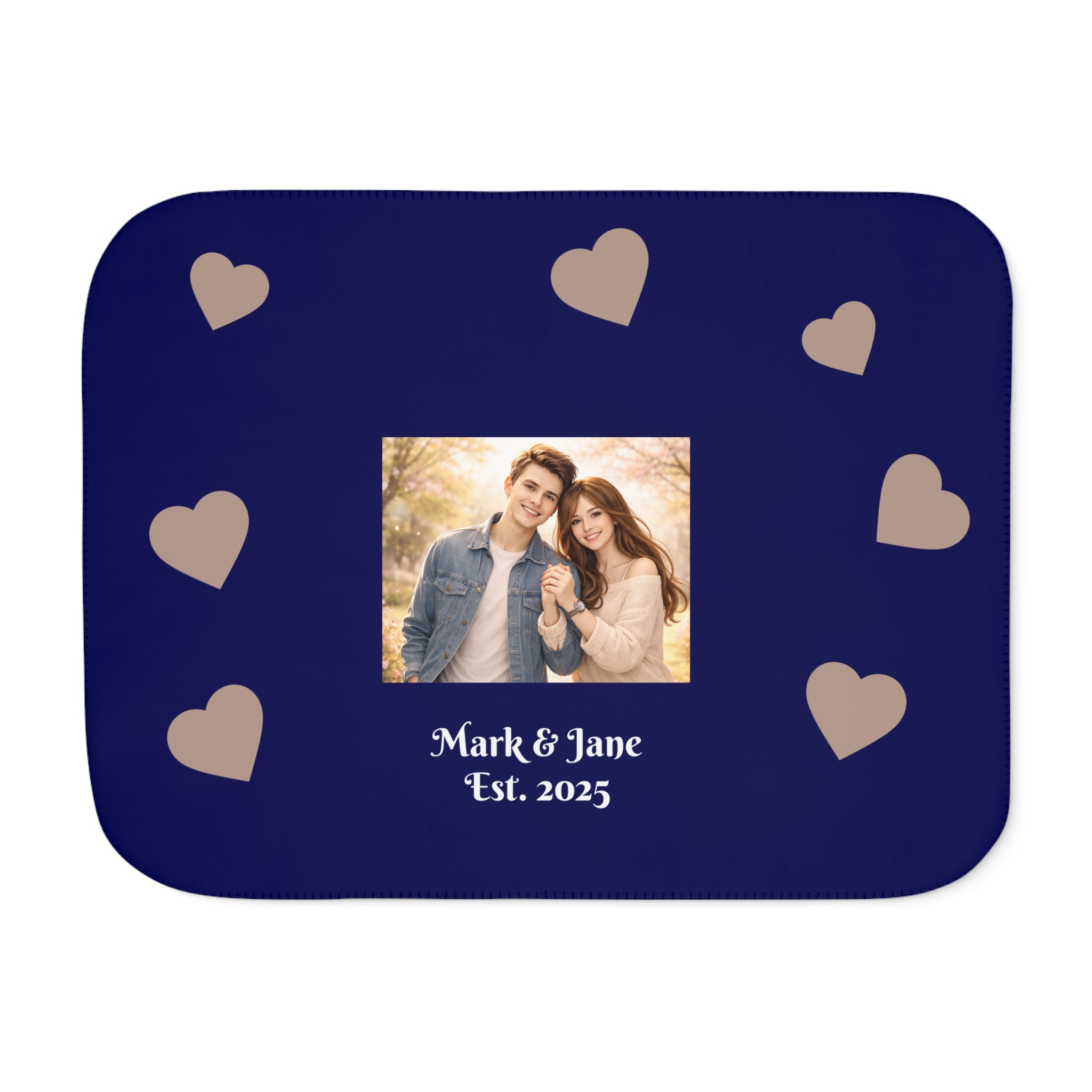 Personalized Photo Sherpa Blanket with Hearts, Your own Picture — Custom Name & Est. Date