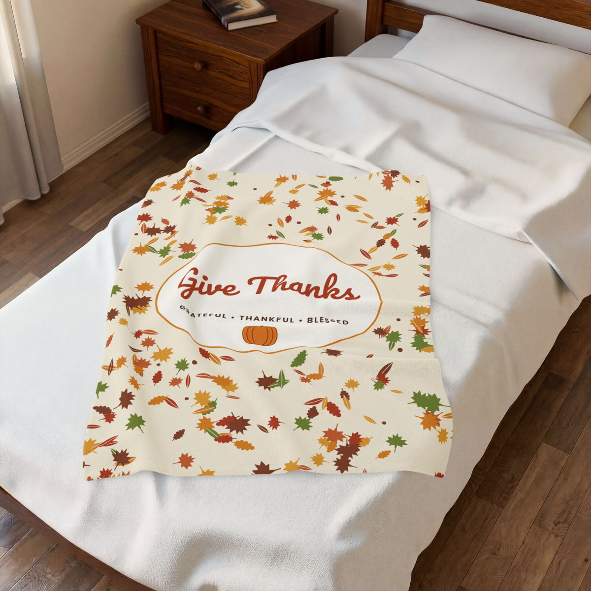 Give Thanks Velveteen Plush Blanket — Autumn Leaves Thanksgiving Throw