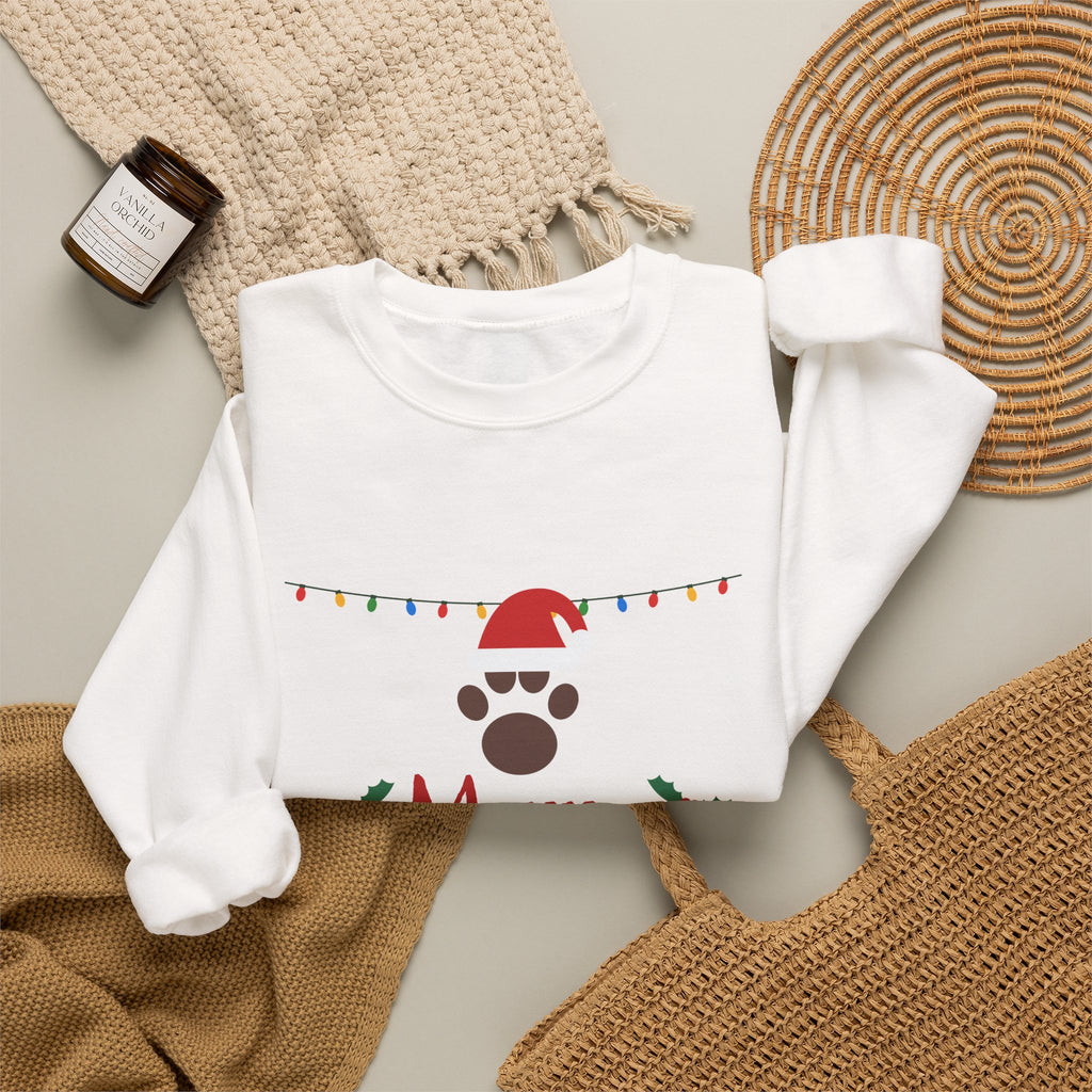 Merry Woofmas Sweatshirt — Dog Mom Christmas Paw Print Santa Hat Crewneck