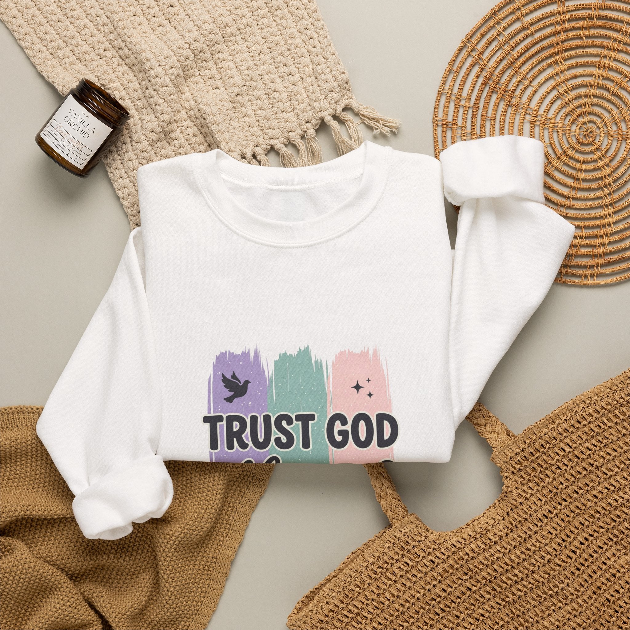 Trust God Always Crewneck Sweatshirt | Christian faith, rainbow brushstroke design