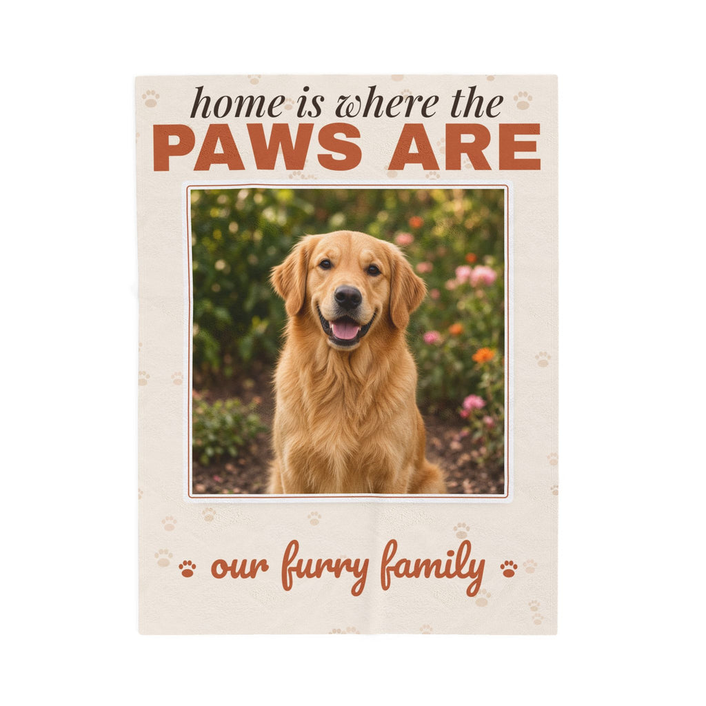 Personalized Pet Photo Blanket — Home Is Where the Paws Are Custom Dog or Cat Velveteen Throw