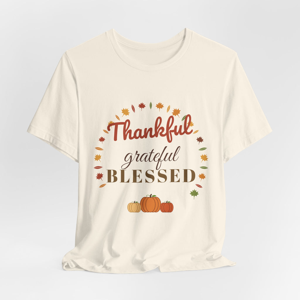 Thankful Grateful Blessed Tee — Fall Leaves & Pumpkin Thanksgiving T-Shirt