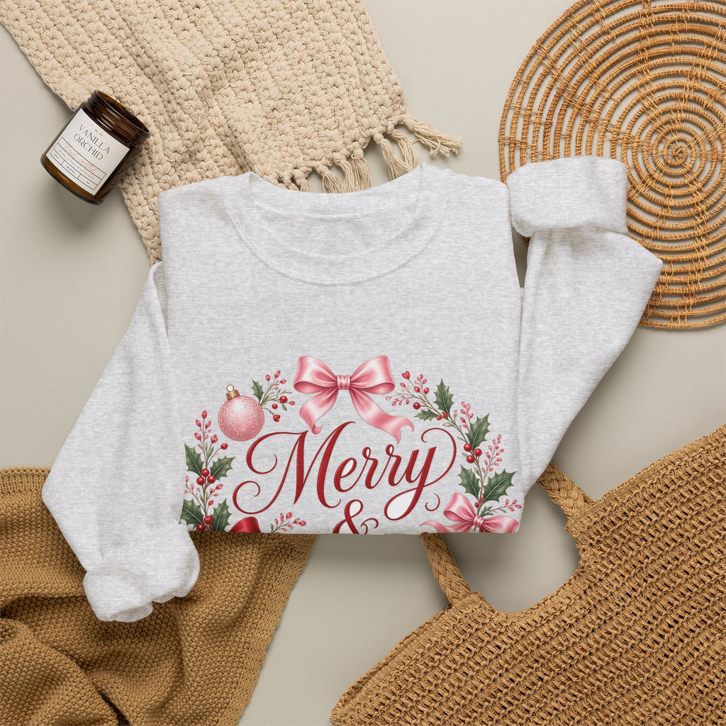 Merry and Bright Coquette Bow Sweatshirt — Pink Christmas Crewneck