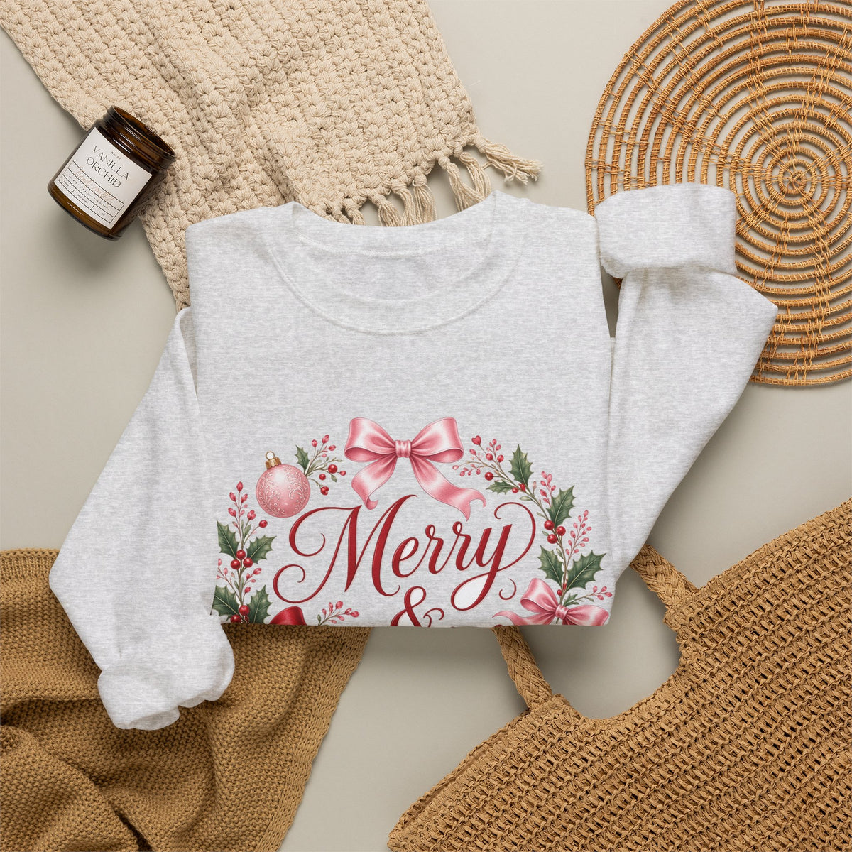 Merry and Bright Coquette Bow Sweatshirt — Pink Christmas Crewneck