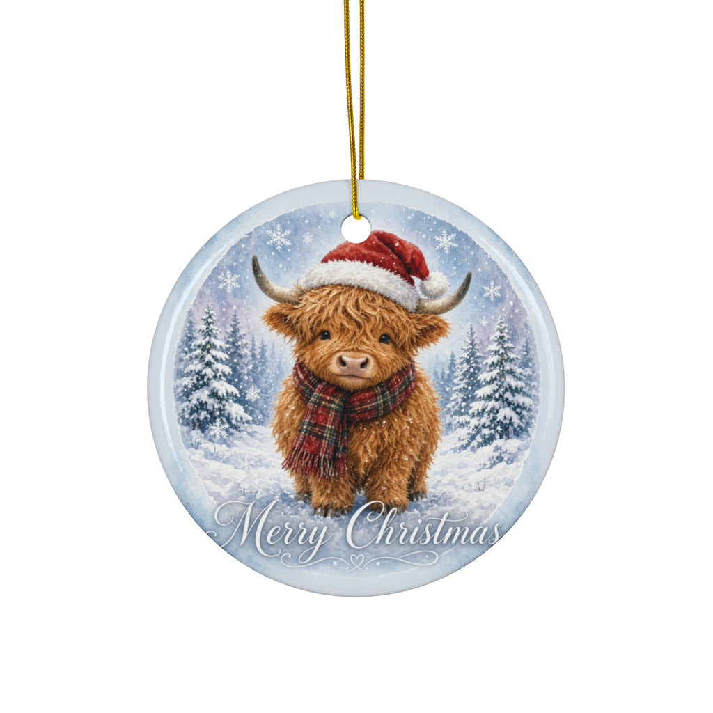 Highland Cow Christmas Ornament — Cute Santa Hat Farmhouse Ceramic Ornament