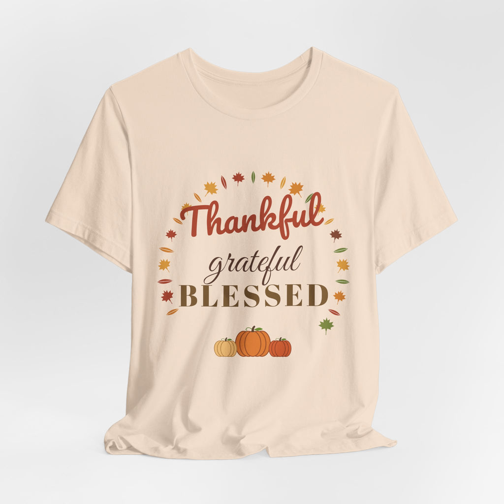 Thankful Grateful Blessed Tee — Fall Leaves & Pumpkin Thanksgiving T-Shirt