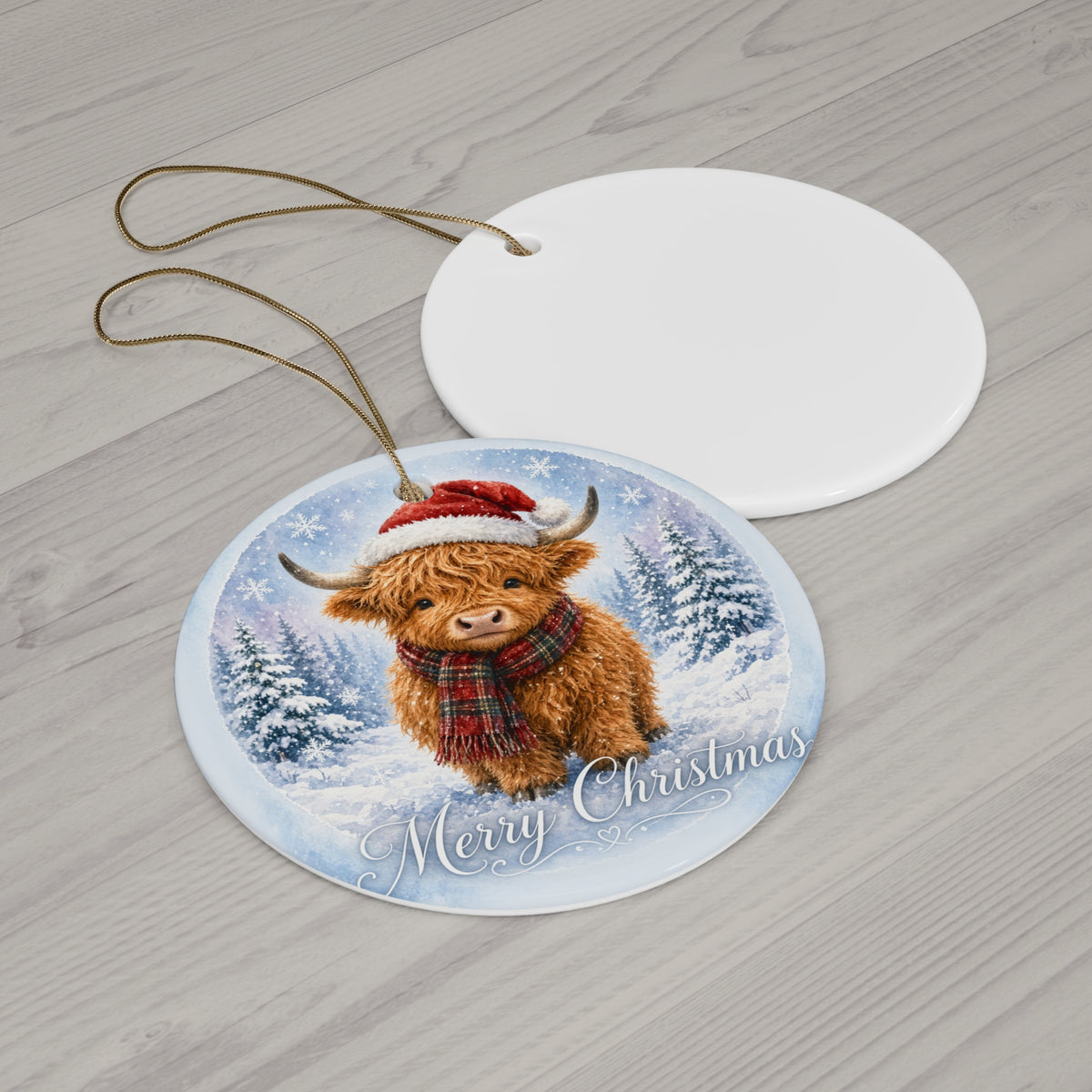Highland Cow Christmas Ornament — Cute Santa Hat Farmhouse Ceramic Ornament