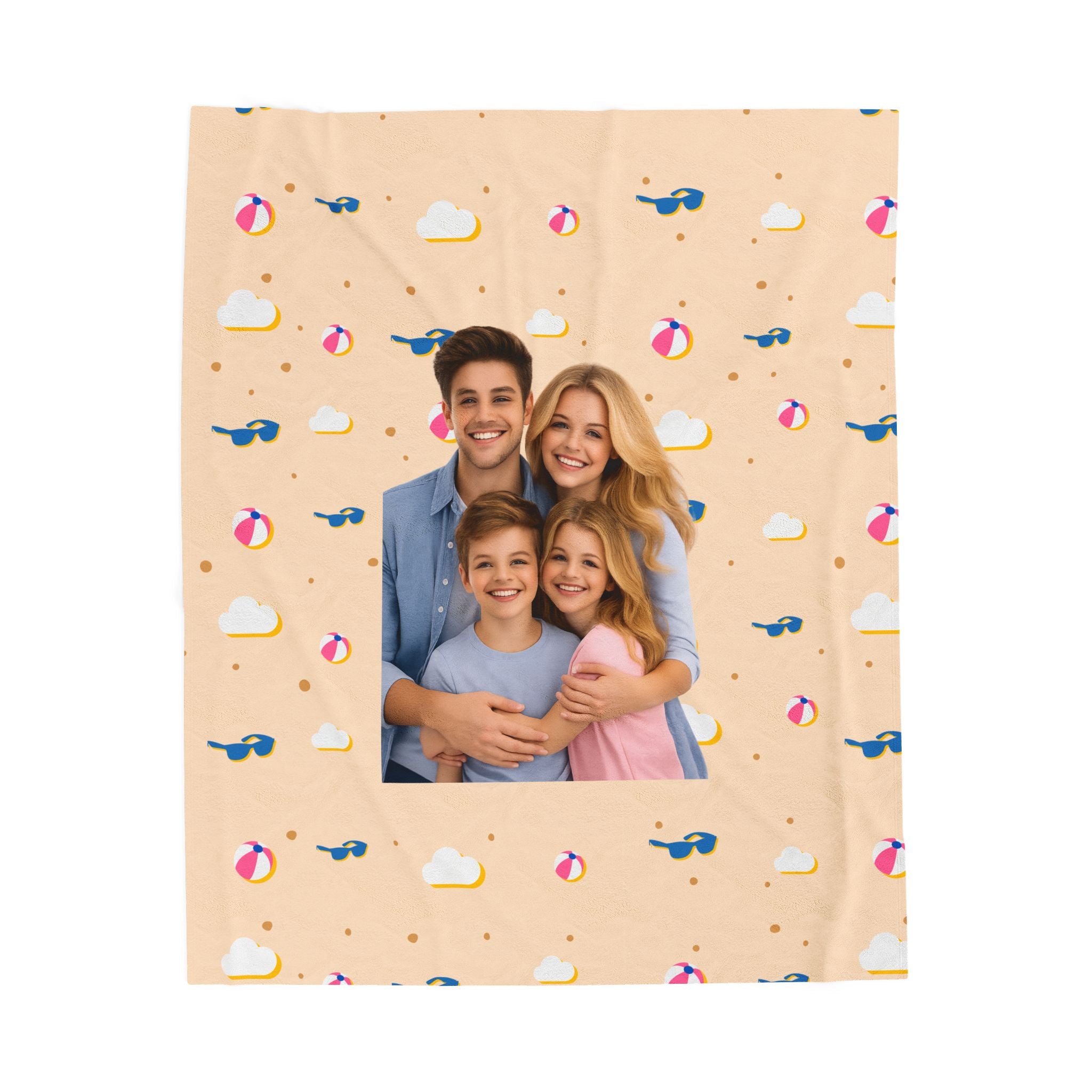 Personalized Velveteen Plush Blanket – Custom Photo Throw with Cute Beach Ball & Cloud Pattern