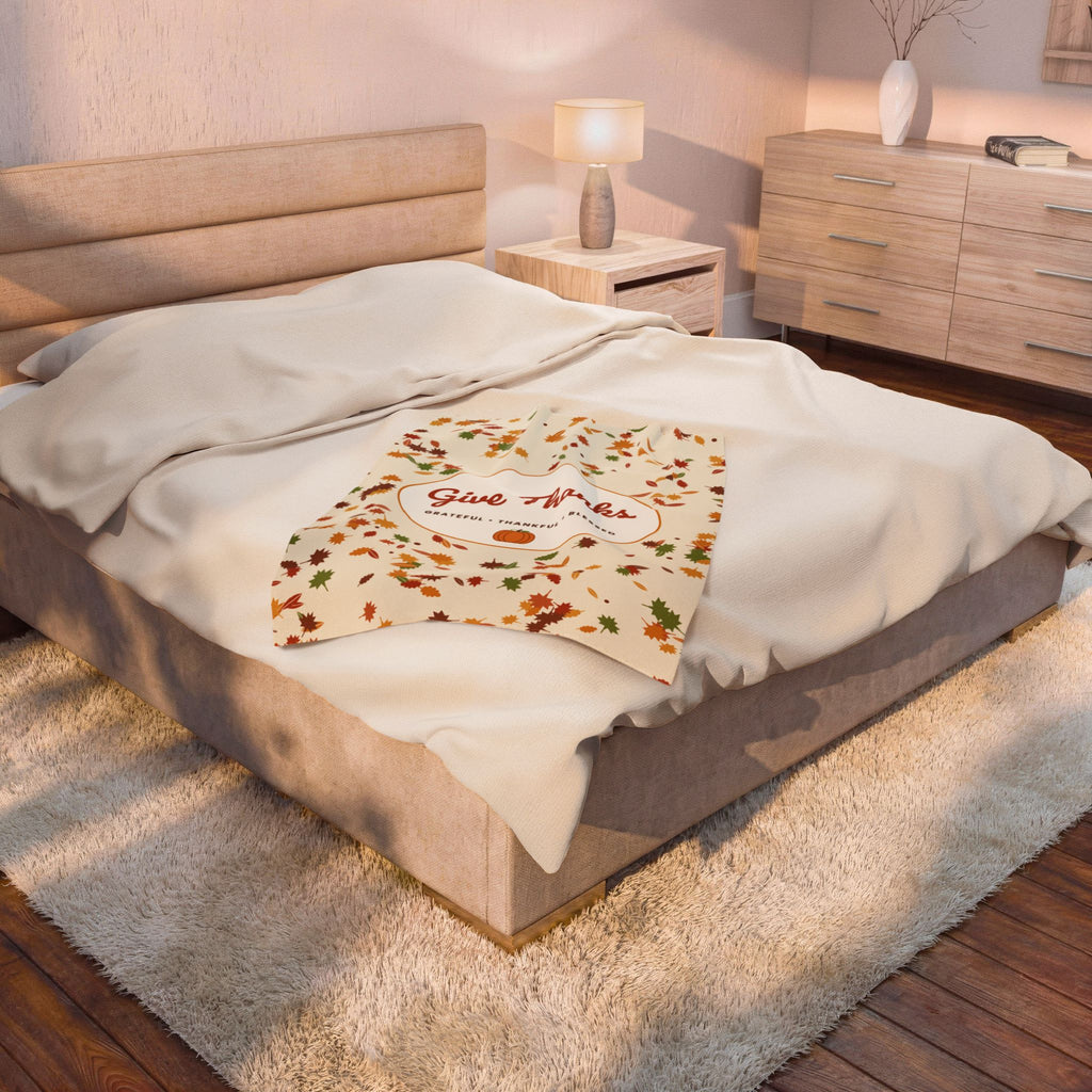 Give Thanks Velveteen Plush Blanket — Autumn Leaves Thanksgiving Throw