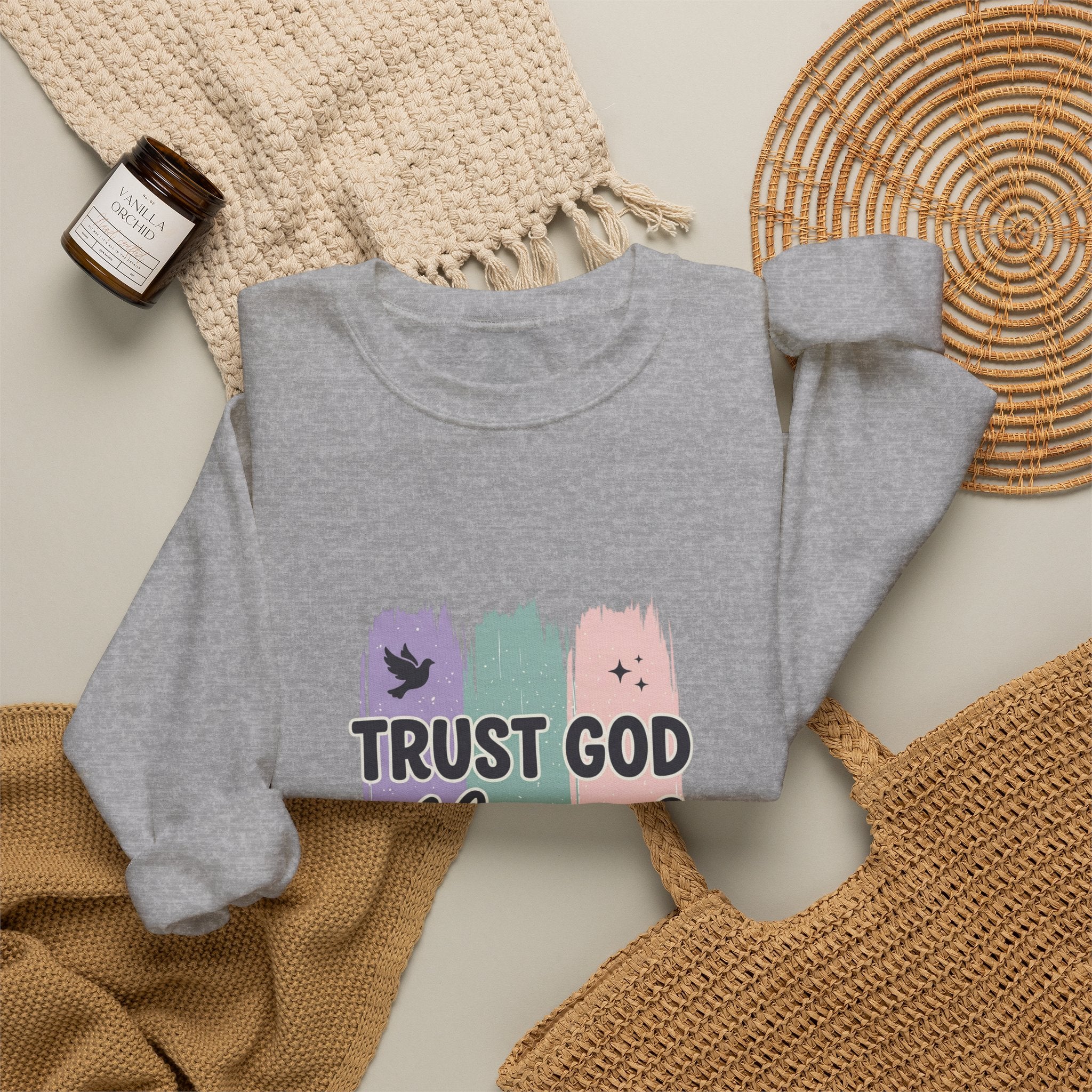 Trust God Always Crewneck Sweatshirt | Christian faith, rainbow brushstroke design
