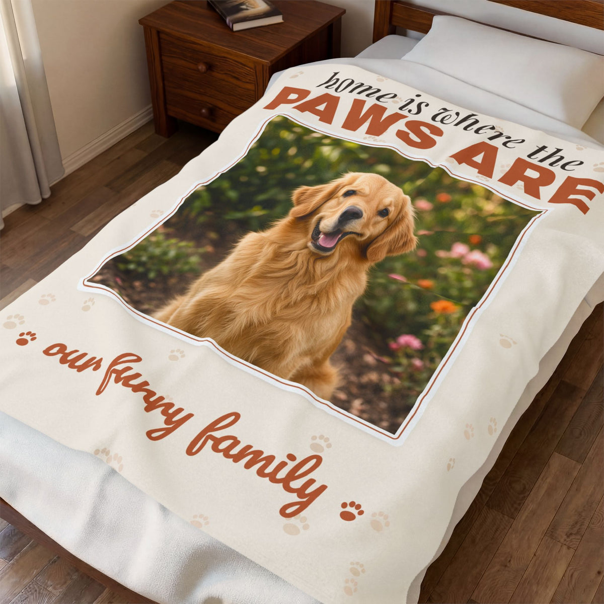 Personalized Pet Photo Blanket — Home Is Where the Paws Are Custom Dog or Cat Velveteen Throw