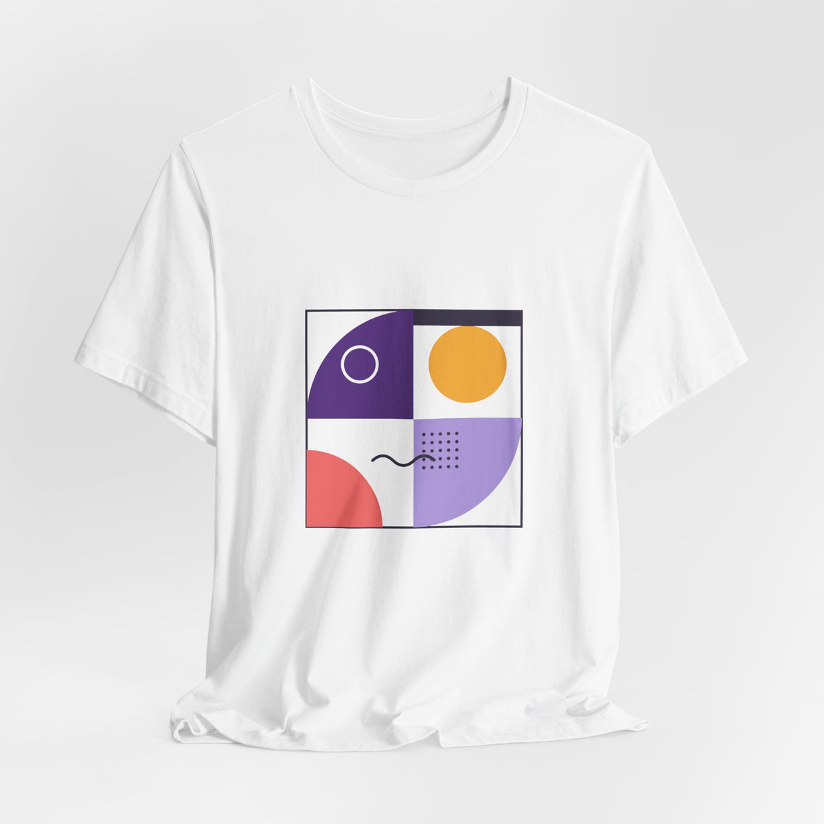 Modern Geometric Art Tee — Bauhaus Inspired Purple Abstract Shapes T-Shirt