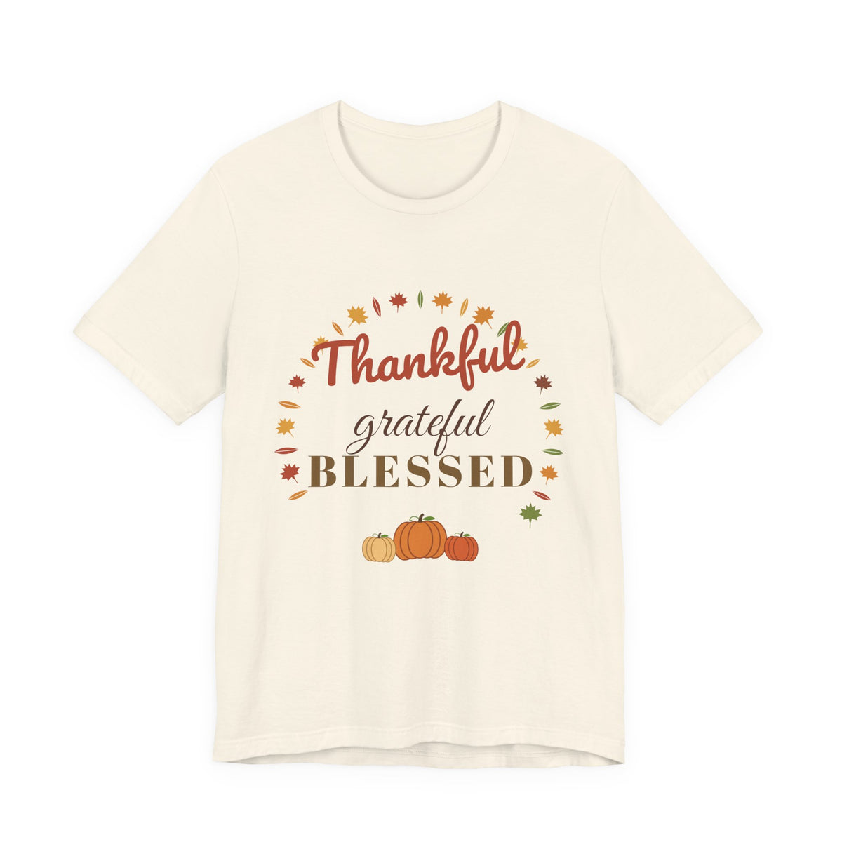 Thankful Grateful Blessed Tee — Fall Leaves & Pumpkin Thanksgiving T-Shirt