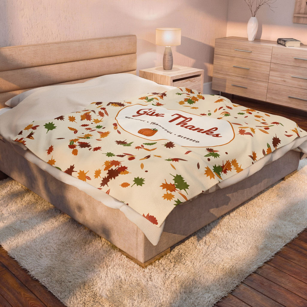 Give Thanks Velveteen Plush Blanket — Autumn Leaves Thanksgiving Throw