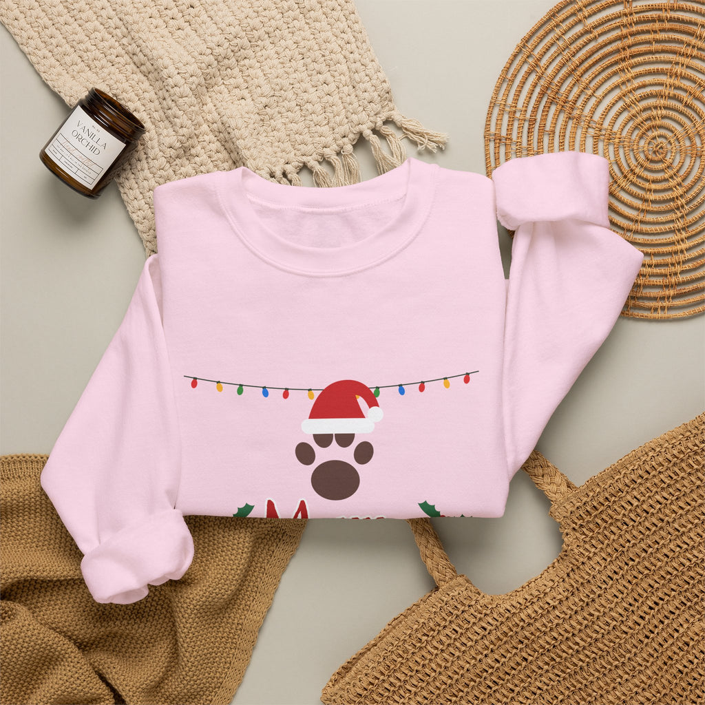 Merry Woofmas Sweatshirt — Dog Mom Christmas Paw Print Santa Hat Crewneck