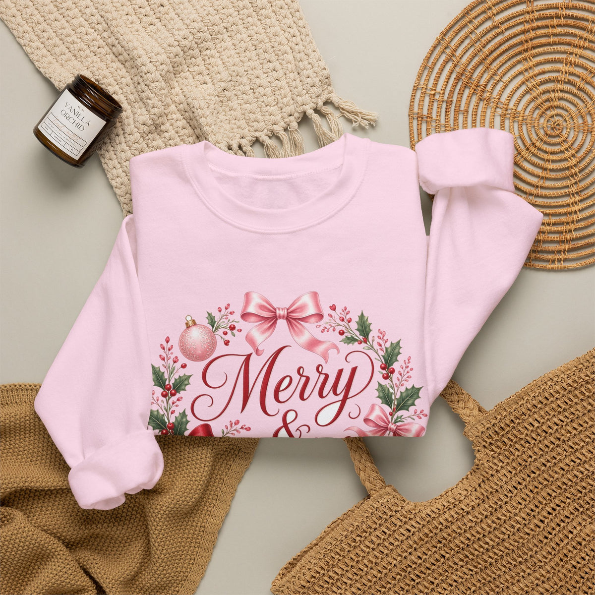 Merry and Bright Coquette Bow Sweatshirt — Pink Christmas Crewneck