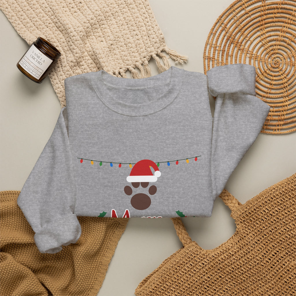 Merry Woofmas Sweatshirt — Dog Mom Christmas Paw Print Santa Hat Crewneck