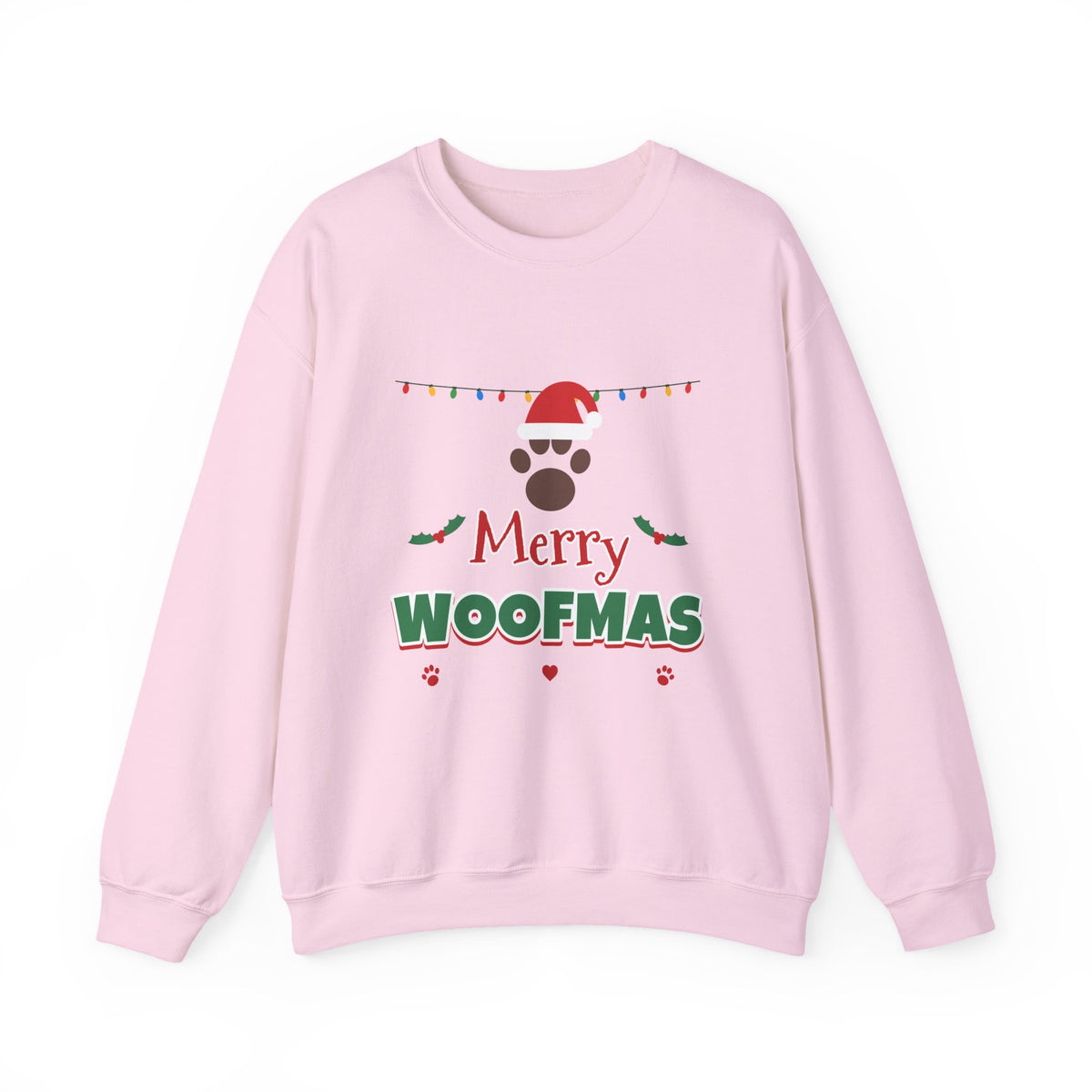 Merry Woofmas Sweatshirt — Dog Mom Christmas Paw Print Santa Hat Crewneck