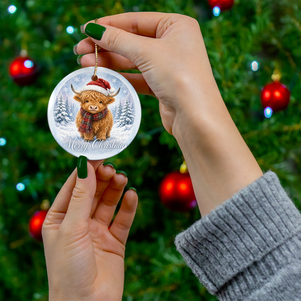 Highland Cow Christmas Ornament — Cute Santa Hat Farmhouse Ceramic Ornament