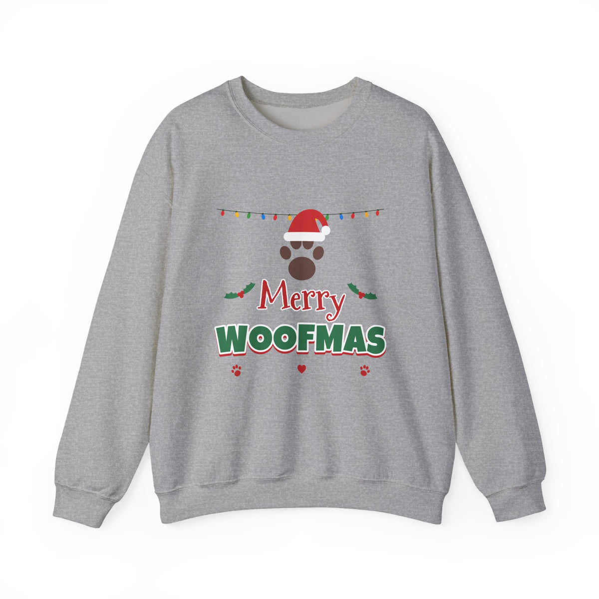 Merry Woofmas Sweatshirt — Dog Mom Christmas Paw Print Santa Hat Crewneck