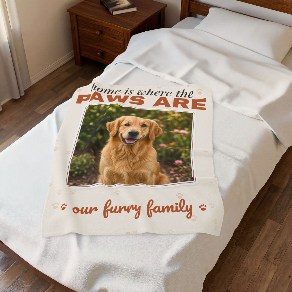 Personalized Pet Photo Blanket — Home Is Where the Paws Are Custom Dog or Cat Velveteen Throw